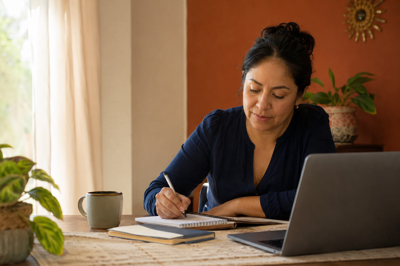 Mujer adulta estudiando en línea desde casa